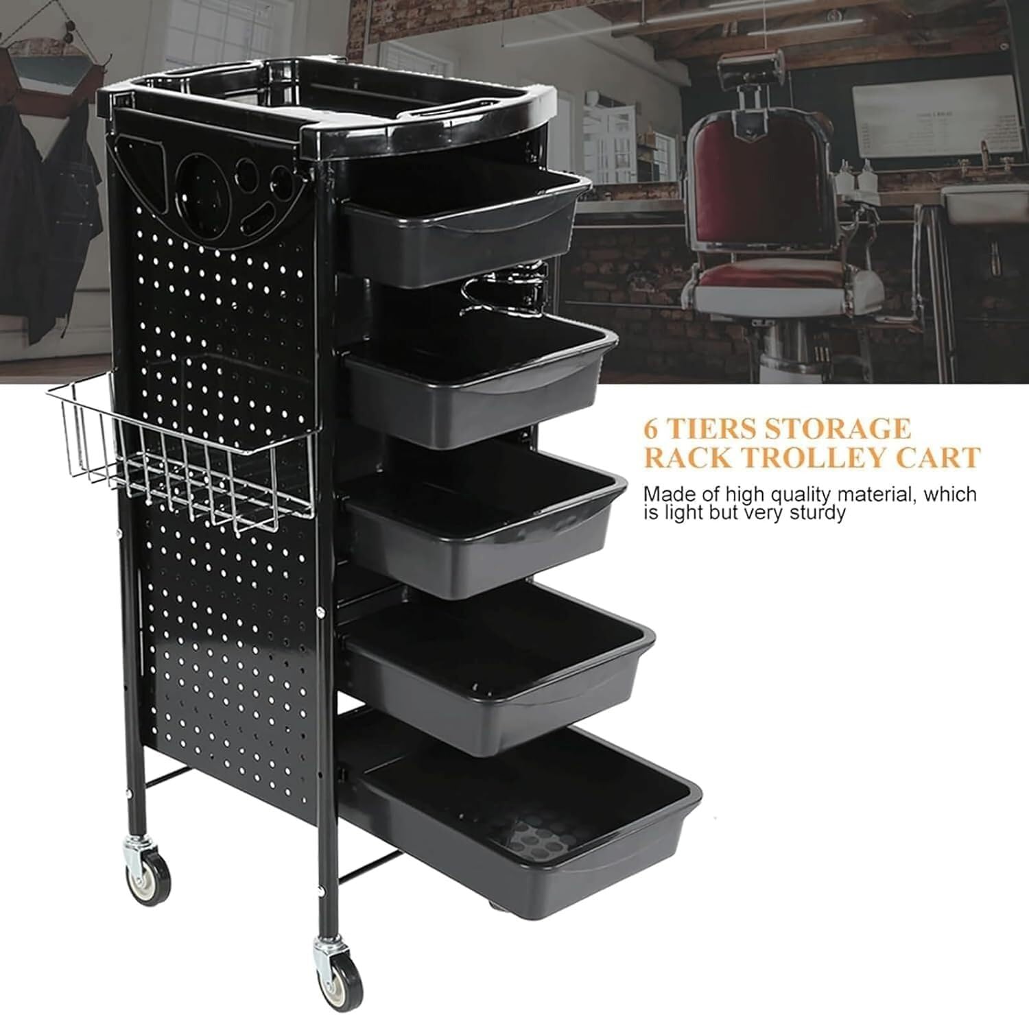 Mobiler Friseur-Arbeitsplatz, Salonwagen 6-lagiger Salon-Rollwagen Metallwagenwagen Haartrocknerständer Salonwagen mit Rädern Lagerwagen aus Kunststoff