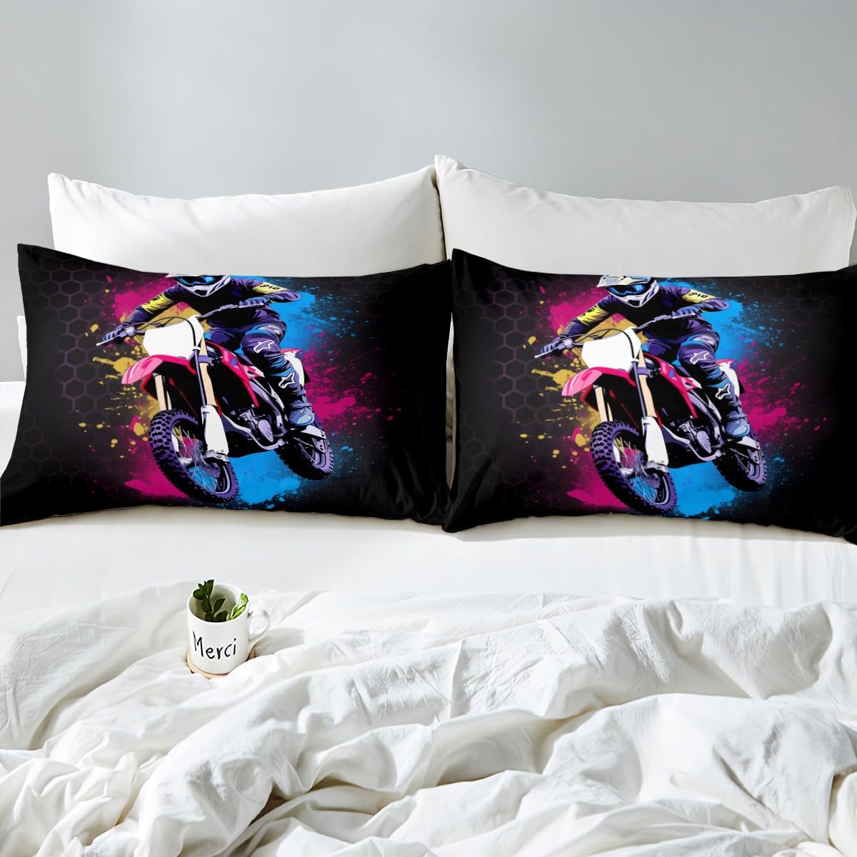 Loussiesd Dirt Bike Duvet Cover Set Single Size For Kids Boys Adults Teens Honeycomb Bedding Set Racing Motocross Rider Comforter Cover with 1 Pillowcase Motorbike Extreme Sports Beds Set - Image 4