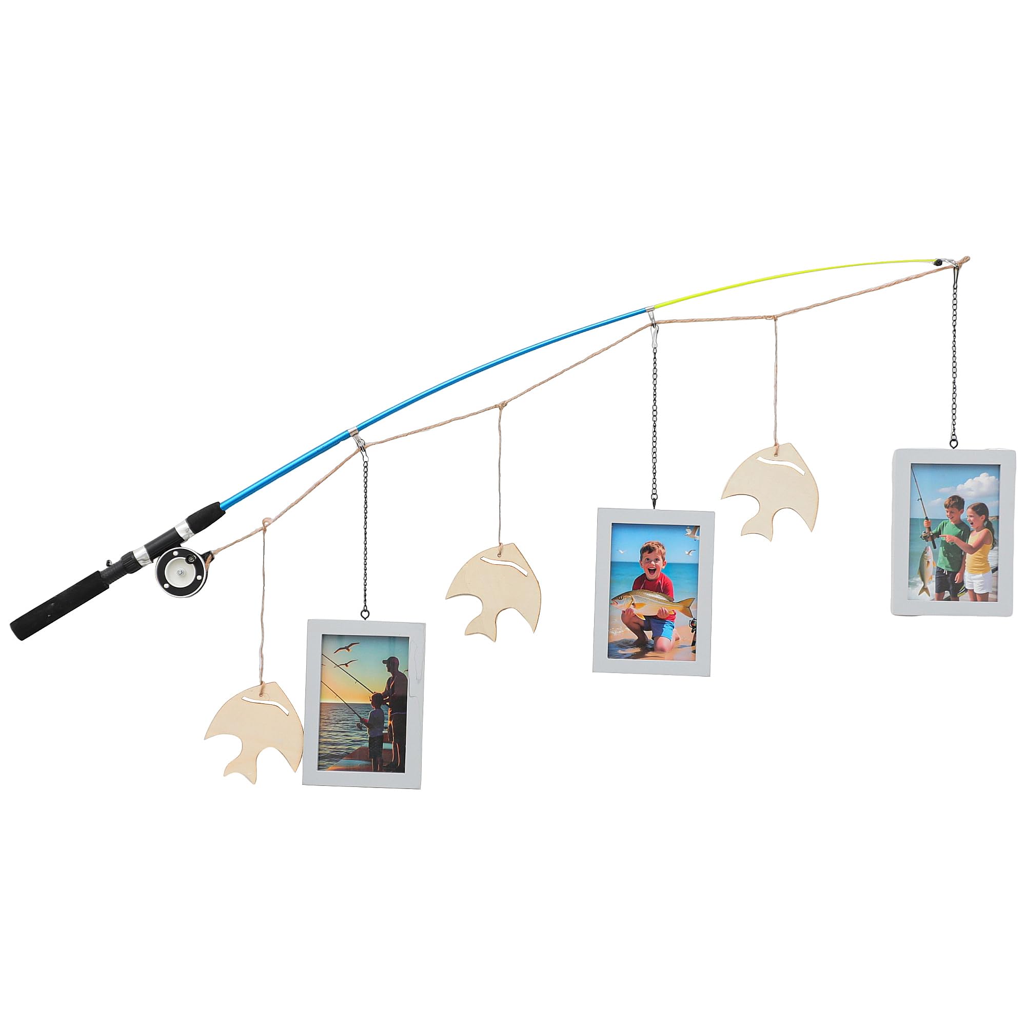 Cadre photo canne à pêche suspendu, décoration murale en gris authentique