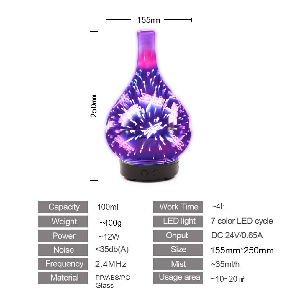 3D humidificateur de table en verre avec éclairage indirect et lumière colorée Diffuseur arôme aromatique purificateur d'air espace bureau médical