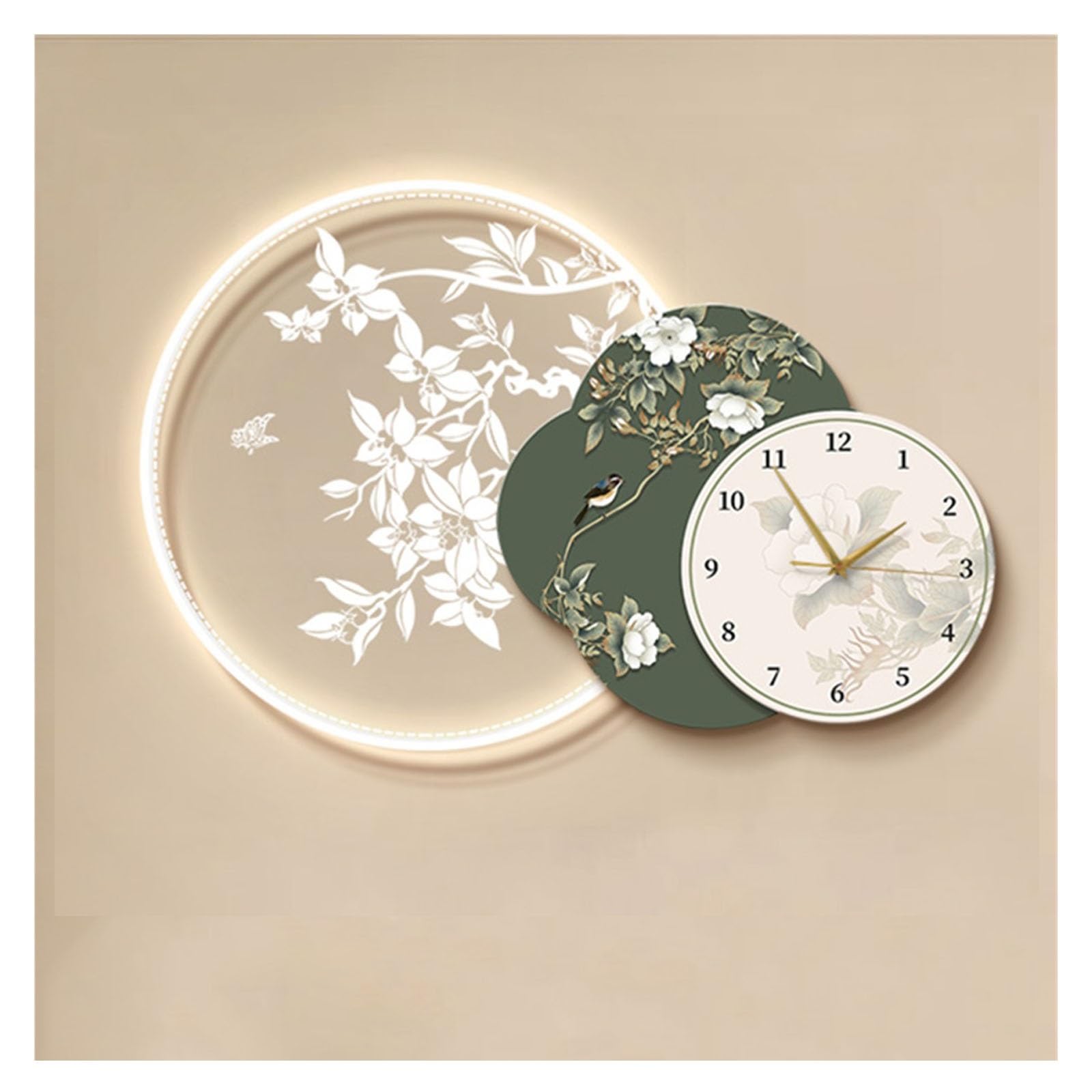 Horloge murale à LED silencieuse sans tic-tac motif peinture oiseau et fleur