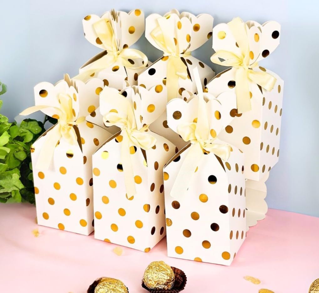 SATYAM KRAFT 24 Pcs Polka Dot Multipurpose Decorative Paper Folding Gift Boxes with Ribbon | For Diwali Deepawali New Year Wedding, Return Gifts, Birthday, Chocolates, Dry Fruits, Festive Favors (White & Golden)-image-39