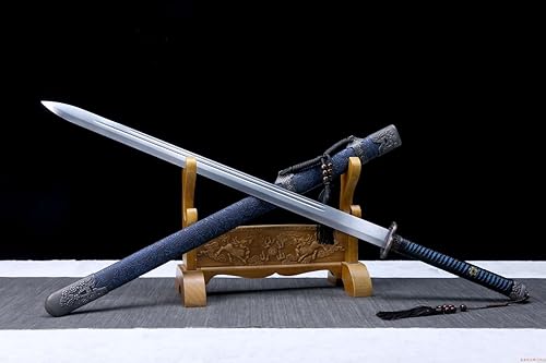 Miniatura 9 de Espadas Chineae, espada Qing real, hoja de acero de alto carbono forjada a mano, accesorios de aleación, vaina azul