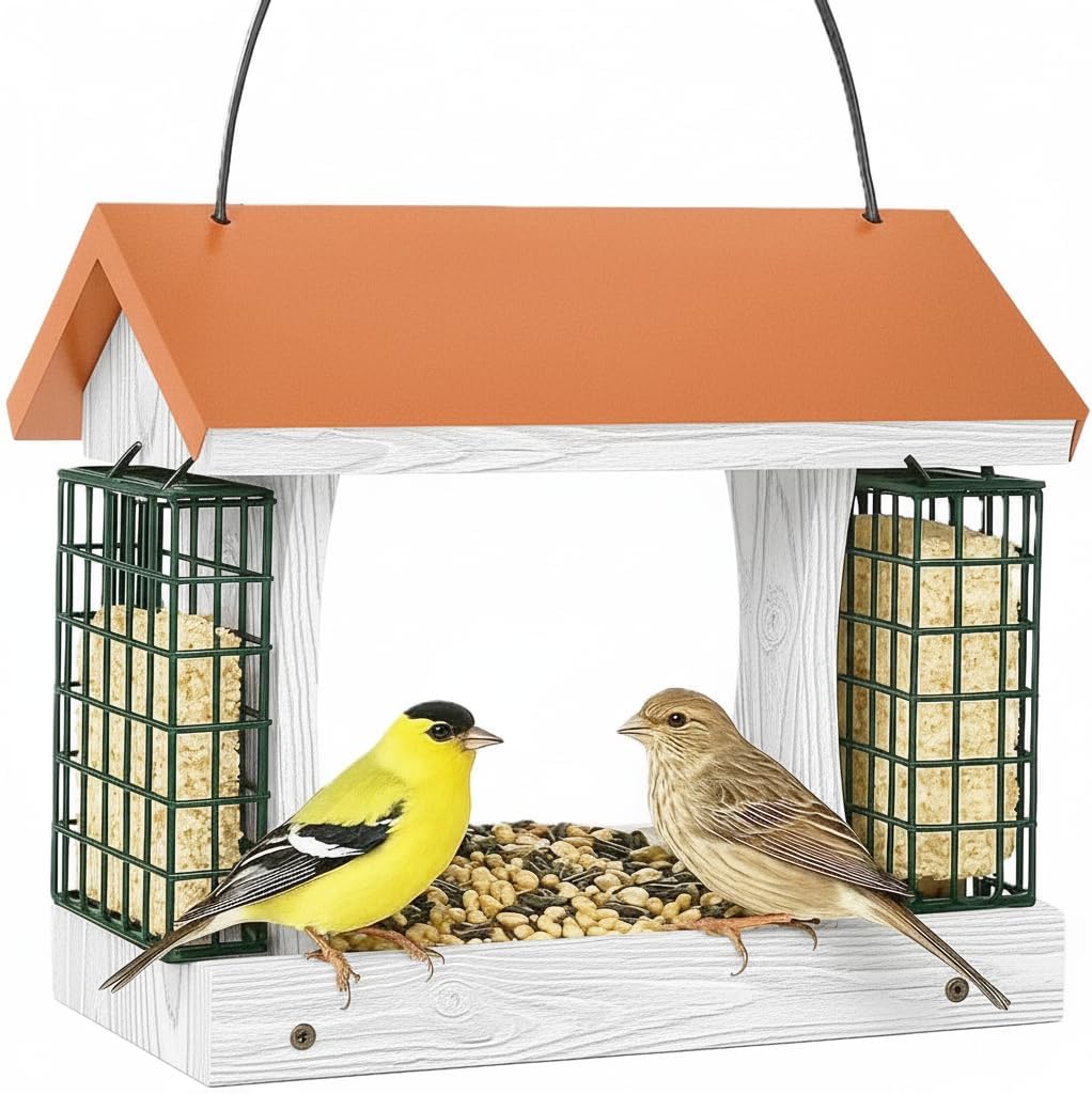 Hanging Bird Feeder for Outside, Double Suet Cake Cages, Wood Hopper Feeder, Large Compacity 10 Lbs. Heavy Duty UV Paint Longtime Outdoor Weatherable; 10 Years Outdoor Lasting, Without Pole