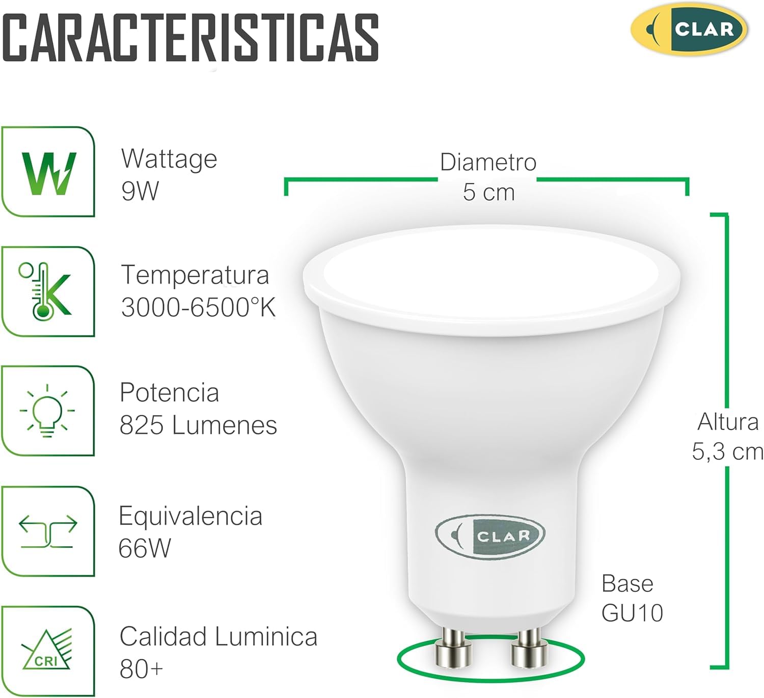 CLAR - GU10 4000K, GU10 LED, Bombilla LED GU10, Ojos de Buey, 9W, Ojo Buey LED (Pack 100)