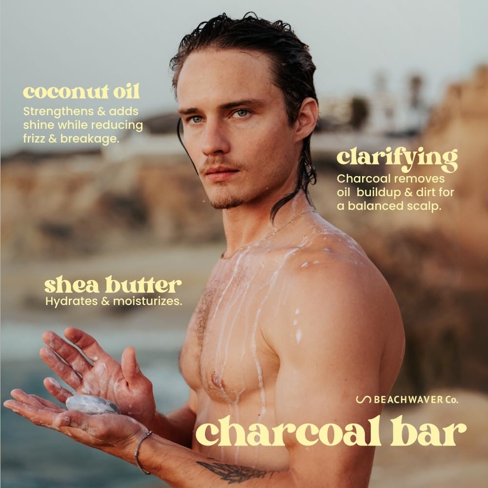 The Beachwaver Co. Charcoal Shampoo Bar | Clarifying, Sustainable Shampoo Bar with Organic Coconut Oil & Shea Butter for Hydrated Hair & Healthy Scalp | Fragrance-Free, Vegan, Easy for Travel