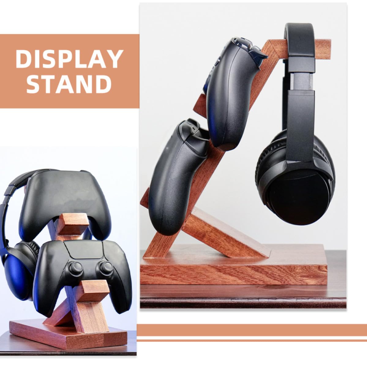 Soporte Barrón de Auriculares y Controlador para Juego de Madera Marrón, Diseño Simple para Exhibición y Almacenamiento en Habitación Gaming