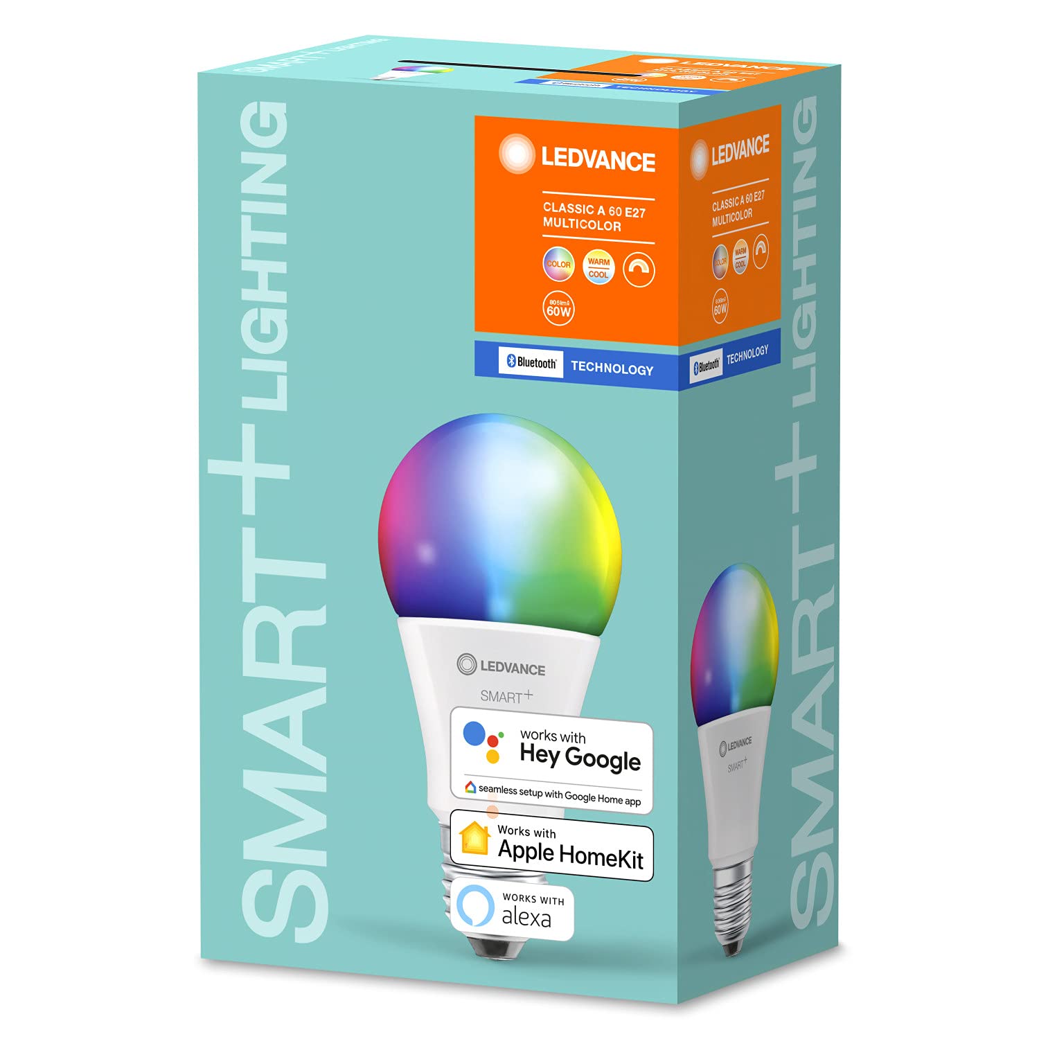 LEDVANCE Lámpara Smart LED, Bluetooth, E27, color de luz variable (2000-6500K), colores RGB cambiables, sustituye lámparas incandescentes 60W,controlable con Google y Alexa, paquete de 4