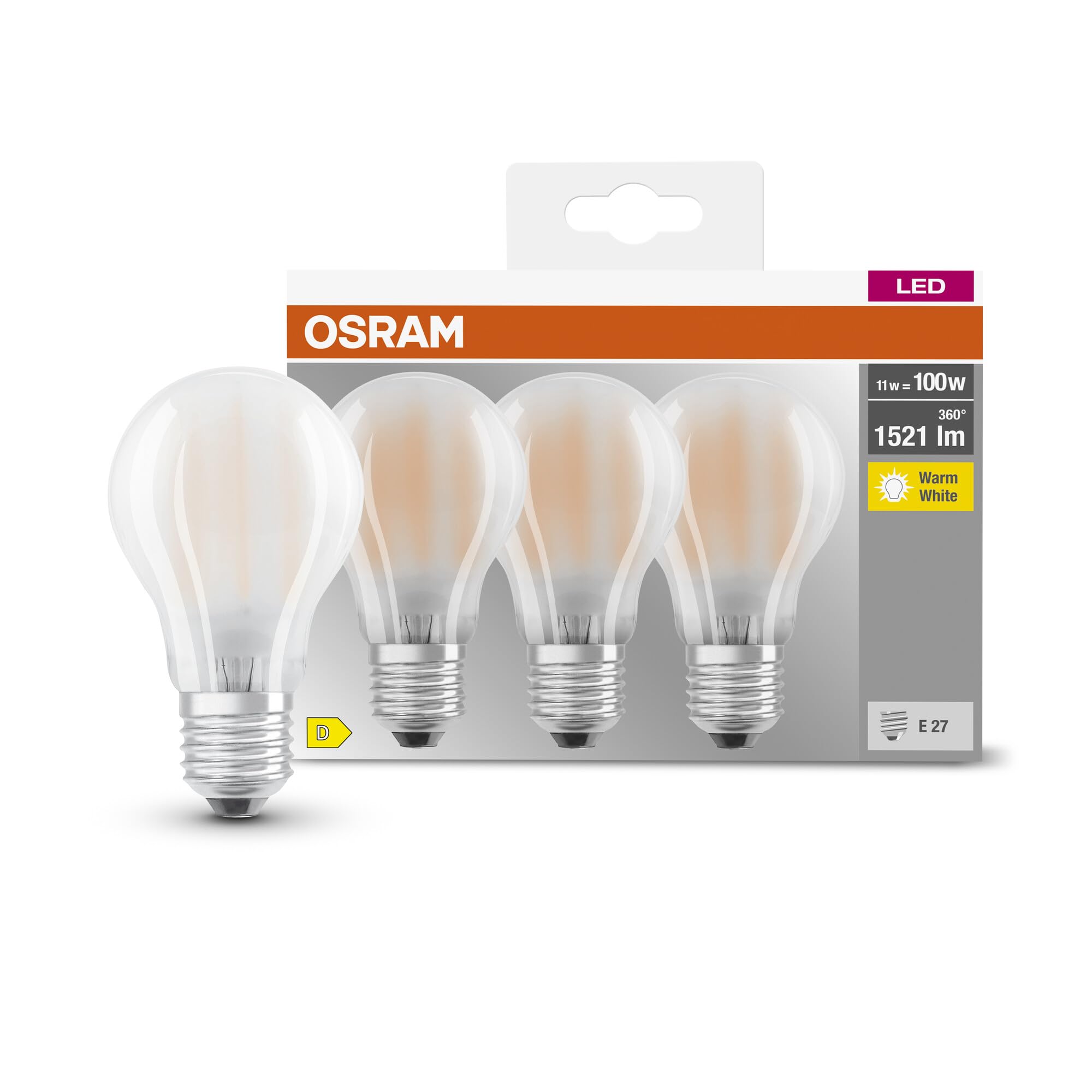 Osram LED-Lampe, Sockel: E27, Warm weiß, 2700 K, 11 W, Ersatz für 100-W-Glühbirne, matt, LED BASE CLASSIC A, 3er-Pack – Ansicht 4