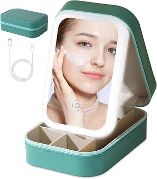Small Travel LED Makeup Mirror Case with 3 Adjustable Color Light Settings, Dust-Proof Jewelry Box, Mini Cosmetic Train Case Ideal for Short Trips Green