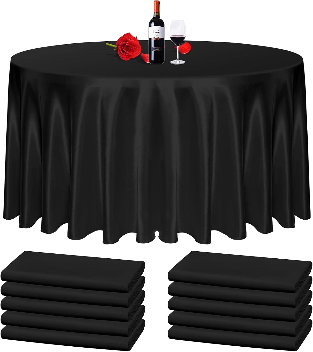 MTREO 10 Pack Satin Tablecloth Round 108 Inch Black Satin