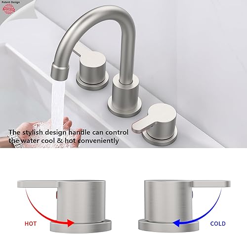 Miniatura 4 de Grifo de lavabo de baño generalizado de níquel cepillado, 2 manijas, grifo de lavabo de 8 pulgadas, 3 orificios, boquilla giratoria de 360, grifos