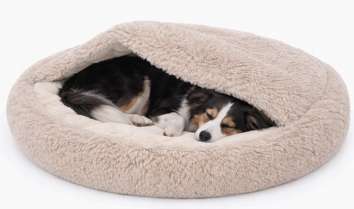 Odolplusz Cuccia rotonda per cani e gatti di taglia media, beige, Shaggy Bouclé, design grotte, sacco a pelo caldo, fondo antiscivolo, lavabile in lavatrice, 100 cm