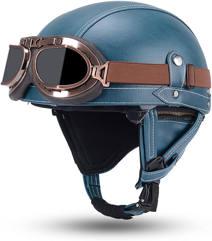 German Style Leather Motorcycle Half Helmet for Men Women, DOT Approved Vintage Half Face Helmet with Goggles and Hidden Sun Visor, Half Shell Helmet for Moped Cruiser Scooter Chopper