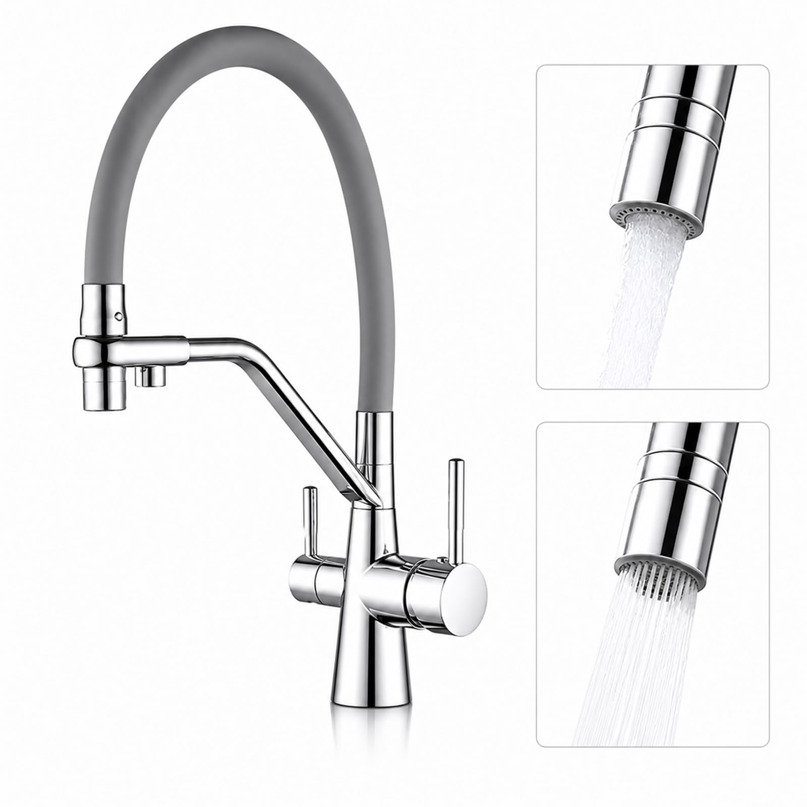 Grifo de Cocina 3 Vías para Ósmosis, 2 Modos de Agua, Cromado | Agua fría, caliente y filtrada | Canal independiente | Latón macizo | Giro 360° | Compatible con ósmosis