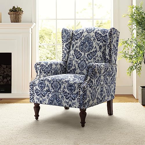 HULALA HOME Wingback Accent Chair with Floral Pattern Design, Traditional Fabric Armchair with Nailhead Trim and Retro Wooden Legs, Navy HULALA HOME Wingback Accent Chair with Floral Pattern Design, Traditional Fabric Armchair with Nailhead Trim and Retro Wooden Legs, Navy
