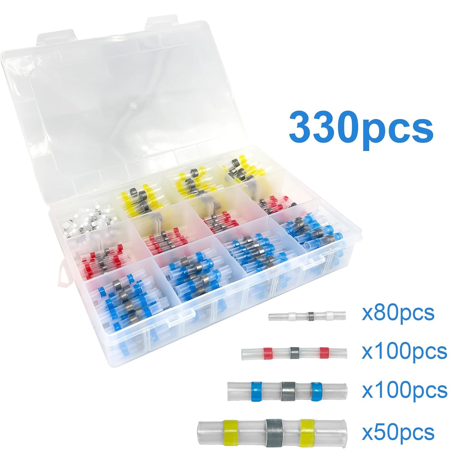 330 PCS Heat Shrink Wire Connectors, Butt Connectors Heat Shrink Solder Seal Wire Connectors for Marine Automotive Boat Truck(4 Colors/4 Sizes)