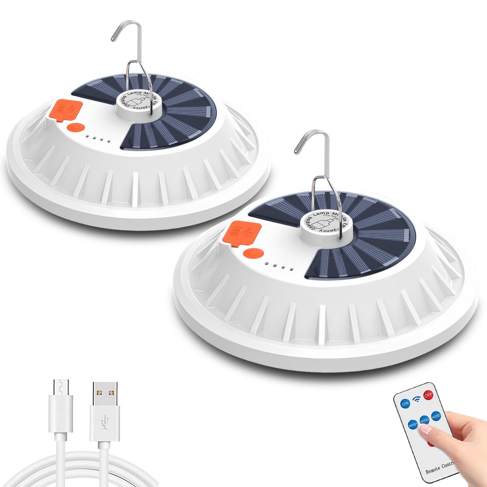 Lampara Solar Camping, 2 Piezas Luz Camping Recargable, con 5 Modos de lluminación y Mando a Distancia, IPX7 Impermeable Portátil Luz de Emergencia para Acampar Carpa Pesca Senderismo