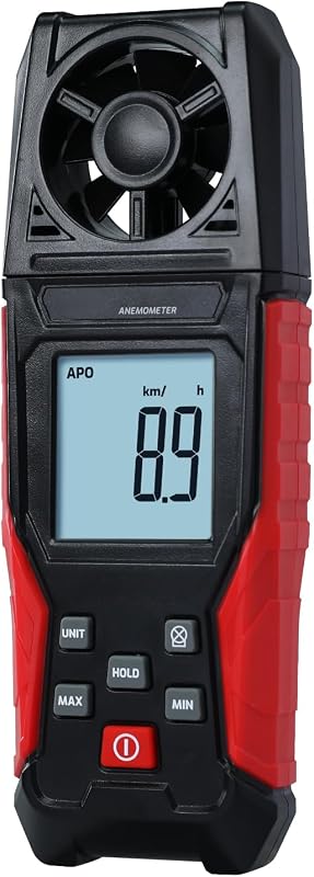 Anemómetro digital Medidor de velocidad del viento portátil - Mide la velocidad del viento en m/s, km/h, pies/min, mph, nudos y temperatura del aire - Máx./Mín., retención de datos, pantalla retroiluminada - para HVAC, navegación, clima, vuelo con drones