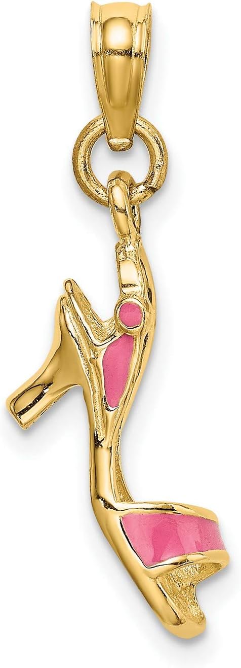 14k Yellow Gold High Heel Shoe Pendant with Pink Enamel, Fashion Charm for Necklace or Bracelet, Gold Shoe Accessory, Feminine Jewelry Symbol of Personal Style for Trendy Women 15 mm x 4 mm