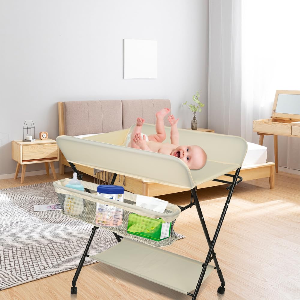 Homewell - Cambiador plegable para bebé con cesta de almacenamiento y 4 ruedas, ajustable en altura, para recién nacidos y bebés, 80 x 66 x 92/95/98 cm