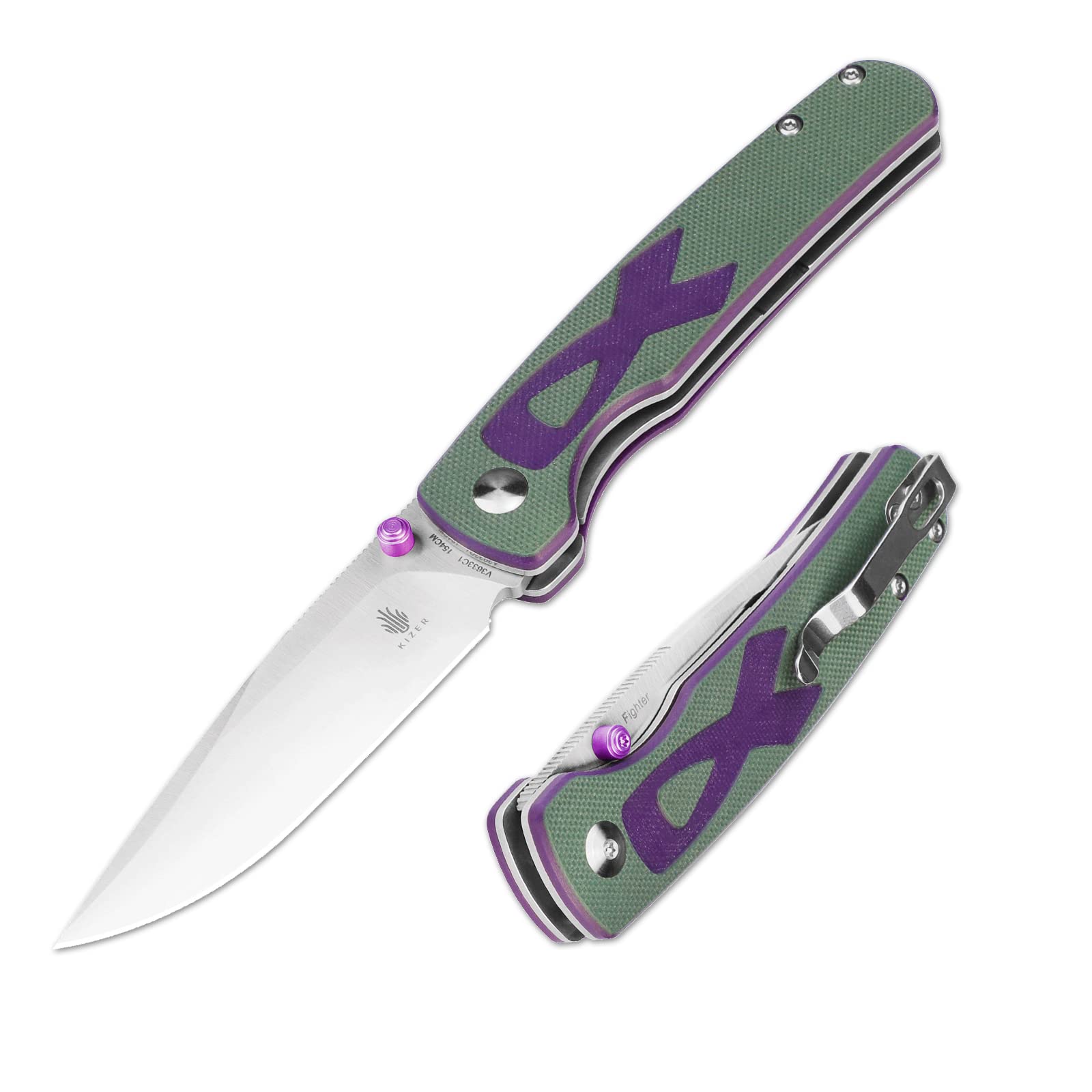 Kizer Fighter Pocket Knife 3.19 Inches 154CM Steel Blade Folding Knife Purple & Green G10 Handle Cares V3633C1