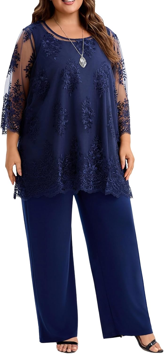 Plus Size Mother of The Bride Pantsuit Outfit Elegant Lace Embroidered 2 Piece Womens Formal Wear for Wedding Guest