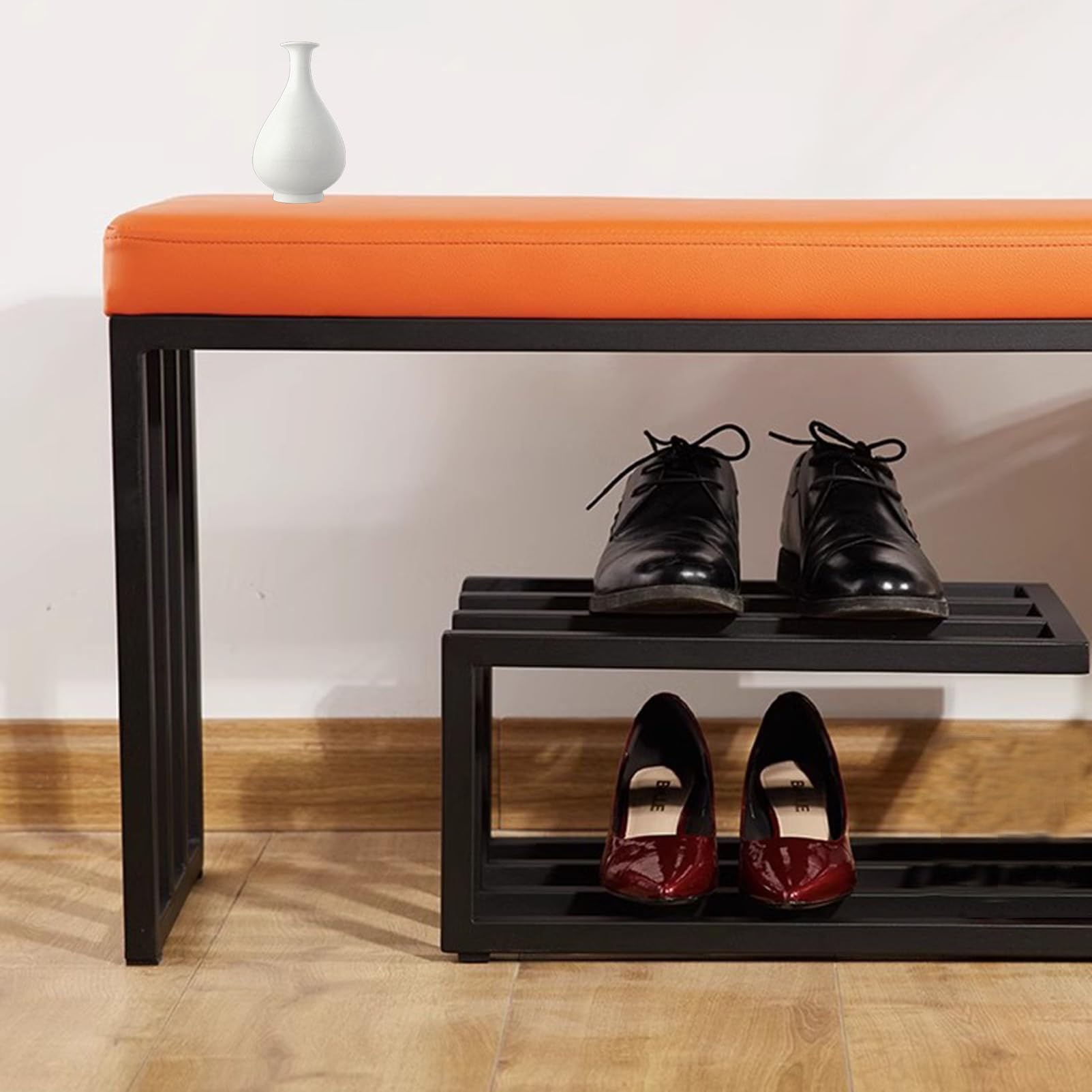 Generisch Schuhbank mit Sitzfläche, 3 Ebenen Schuhablage, Metallgestell Schwarz, Gepolsterte Sitzfläche (Orange, 80x30x45cm)