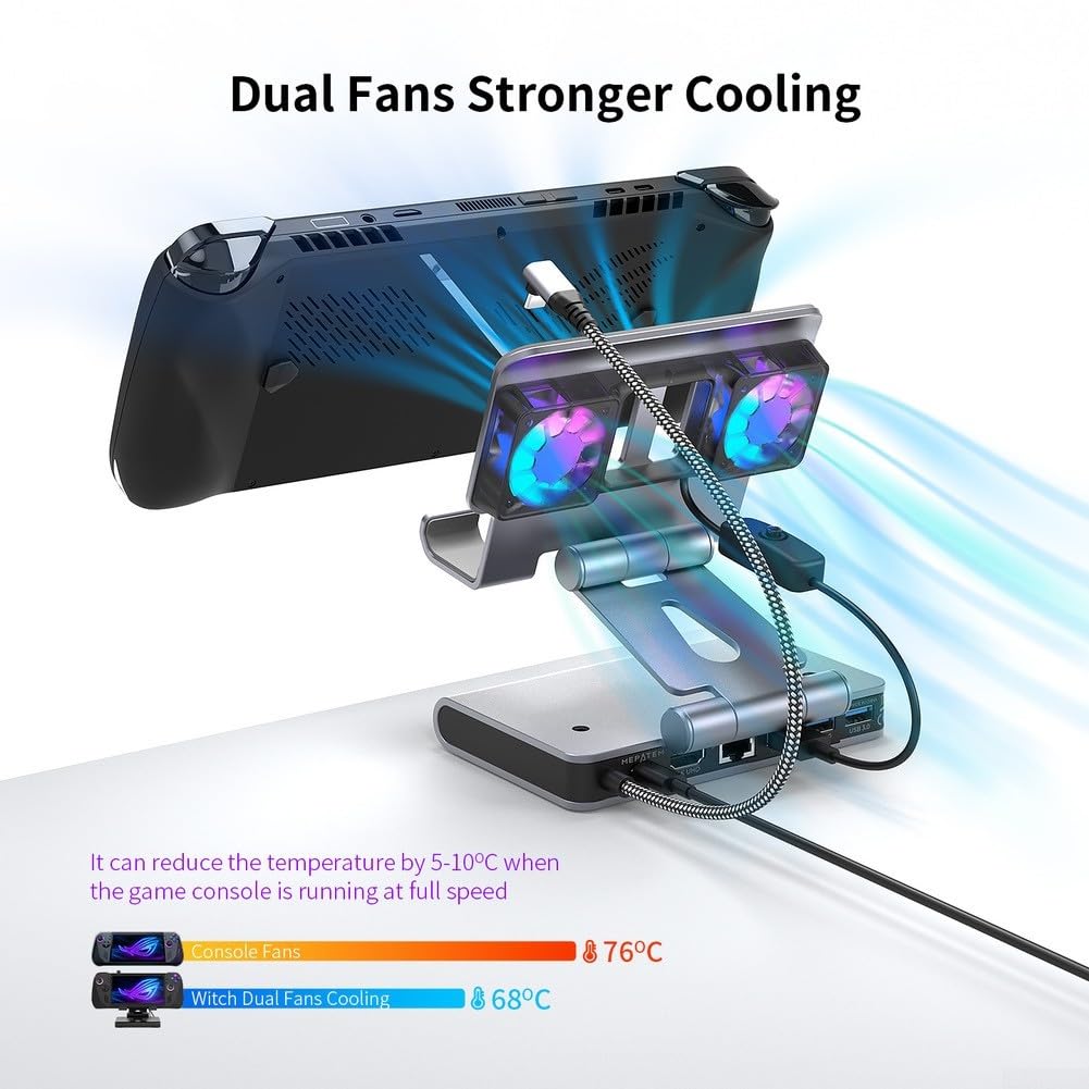 Raffreddamento palmare 4K a 60Hz con Gigabit Ethernet per OneXPlayer per apex per Steam Deck Switch per Legion Go - Supporto regolabile Dual Fan Base (Grigio)