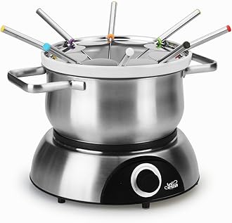 ArtestiaElectric Fondue Pot Set with Temperature Control Knob, Included 1QT Ceramic Chocolate Cheese Melting Pot with 2.6QT Stainless Steel Meat Fondue Pot, 8 Color-Coded Forks, Serve 8 Persons