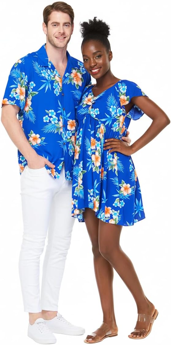 Matchable Couple Hawaiian Luau Shirt or Rahee Mini Dress in Hibiscus Blue