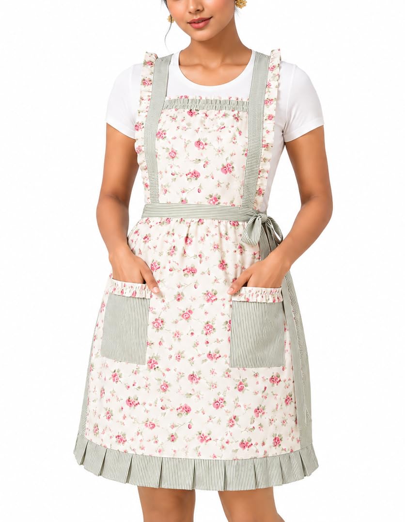 Florence Happy @ England English Vintage Style Apron with Floral Pattern and Silky Lining - Gift for Cooking and Crafting Enthusiasts