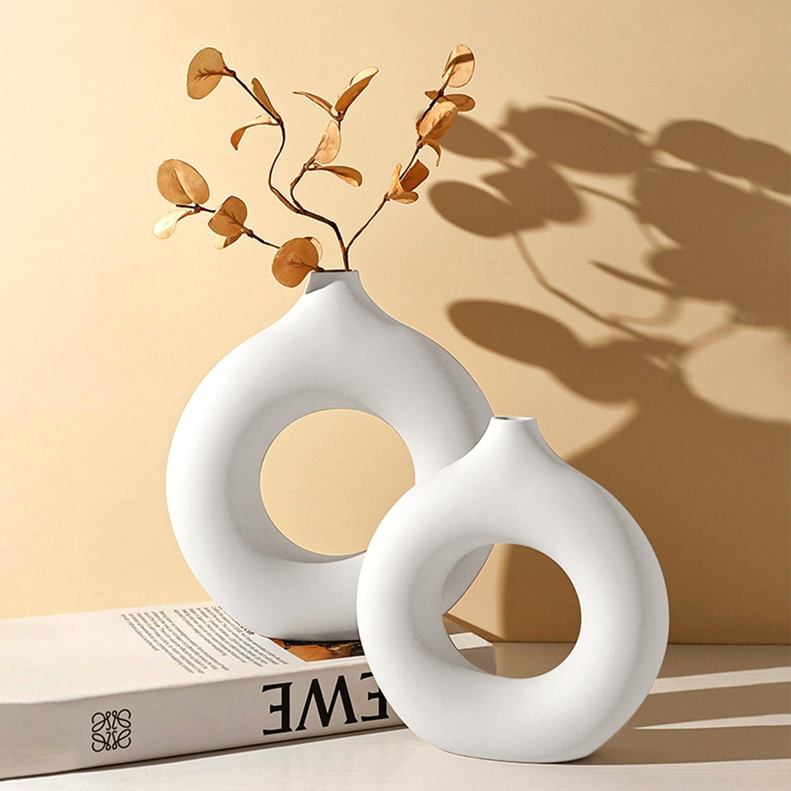 GUHAOOL Juego de 2 Jarrón De Cerámica, Jarrón de Cerámica Hueco Circular, Jarrón De Cerámica Hecho a Mano,Jarrones Redondos para Hierba de Pampas para Decoración Moderna del Hogar,Salón,Comedor,(M+S)