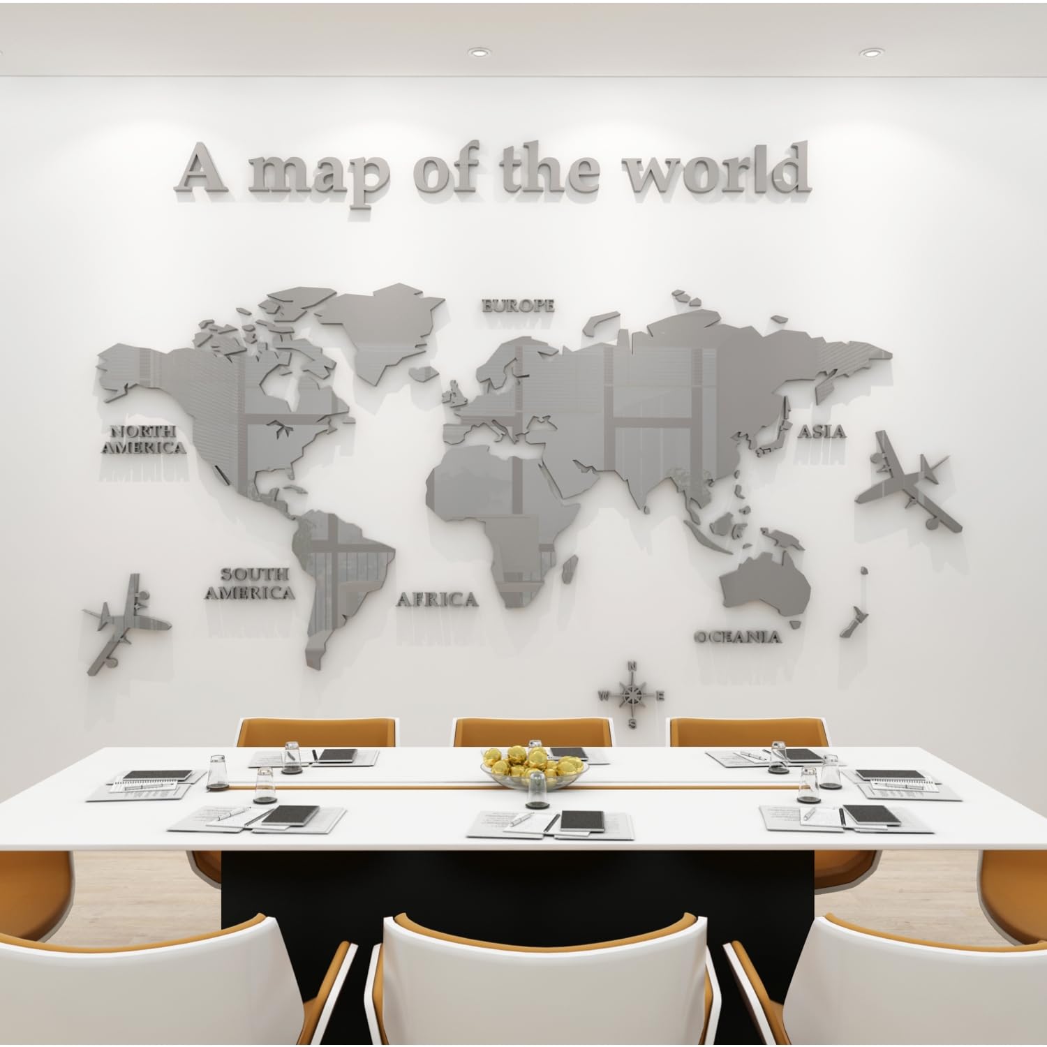 WINDIR Pegatinas de pared de mapa del mundo 3D, murales de decoración, calcomanías de bricolaje gris, 47 x 24 pulgadas, acrílico, decoración de pared de oficina, dormitorio, sala de estar, pared de TV