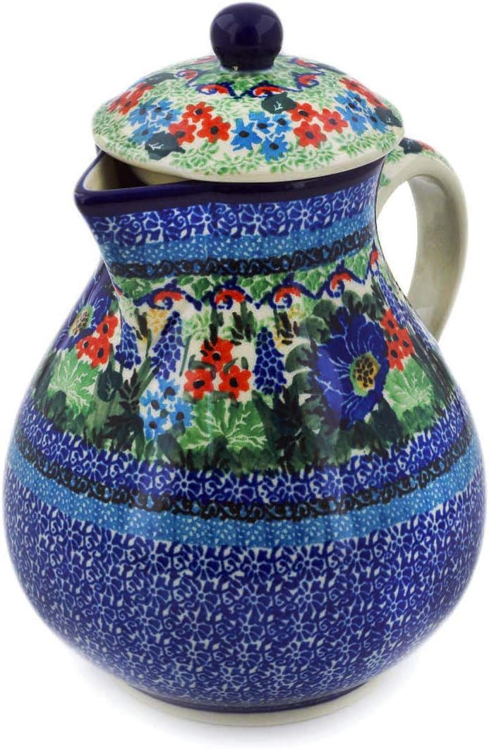 Polmedia Polish Pottery Pitcher with Lid UNIKAT - Summer Landscape Pattern Handmade in Boleslawiec Poland by Ceramika Artystyczna + Certificate of Authenticity