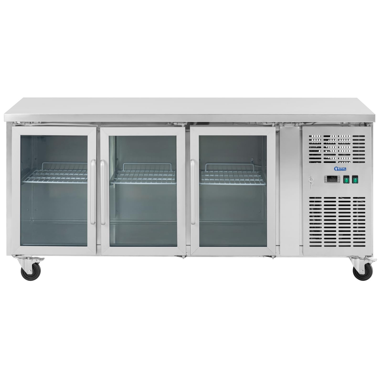 Royal Catering Banco refrigerato su ruote 410 l 3 porte in vetro 179,5 x 73 cm - Classe B - Acciaio inox - Royal Catering Tavolo refrigerato Banco frigorifero Banco frigo per gastronomia