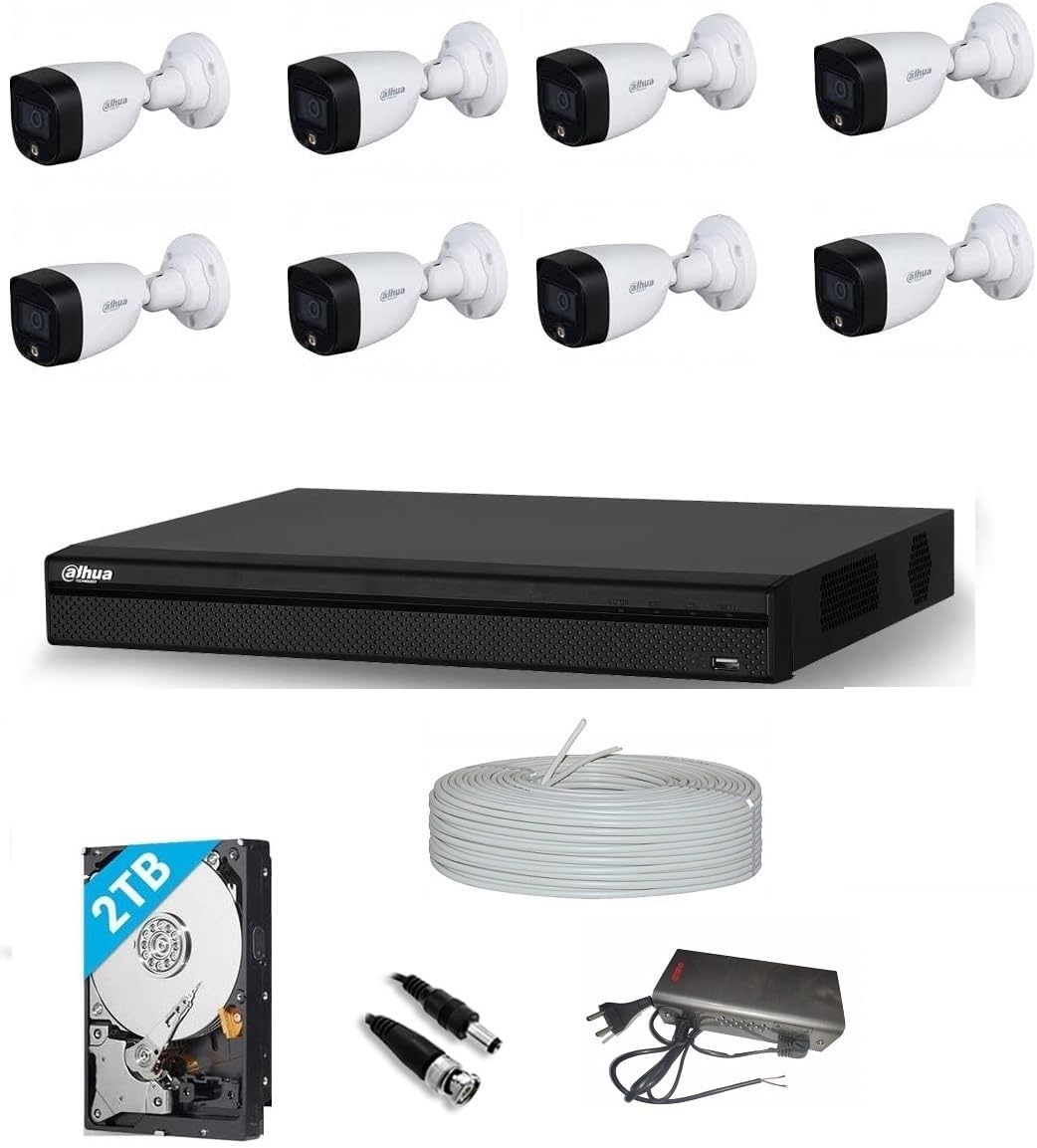 DAHUA 2MP Color Night Vision HD CCTV Security Camera Combo Set with (8 CH DVR, 2MP Outdoor Bullet 8Pcs,2TB Hard Drive, 8 CH SMPS, CCTV 3+1 Cable Roll-1Nos,Connectors)
