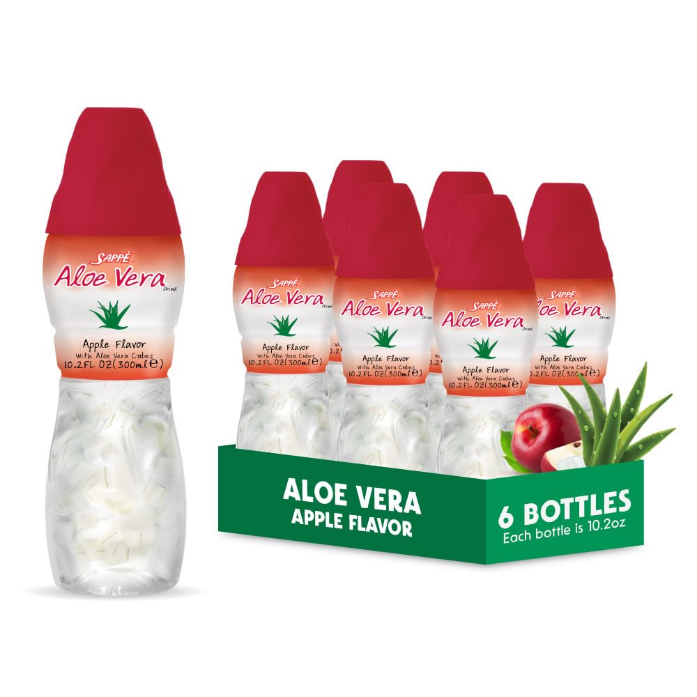 Aloe vera juice (Apple flavored) Aloe vera drink with pure aloe pulp (6 Packs) Plant based juice great for hydration and contains large aloe pulp. Aloe vera apple juice is healthy for adults and kids