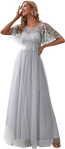 Ever-Pretty Sequin Formal Prom Dresses for Women Ruffle Sleeves Empire Waist A-Line Long Mother of Bride Dress 00904