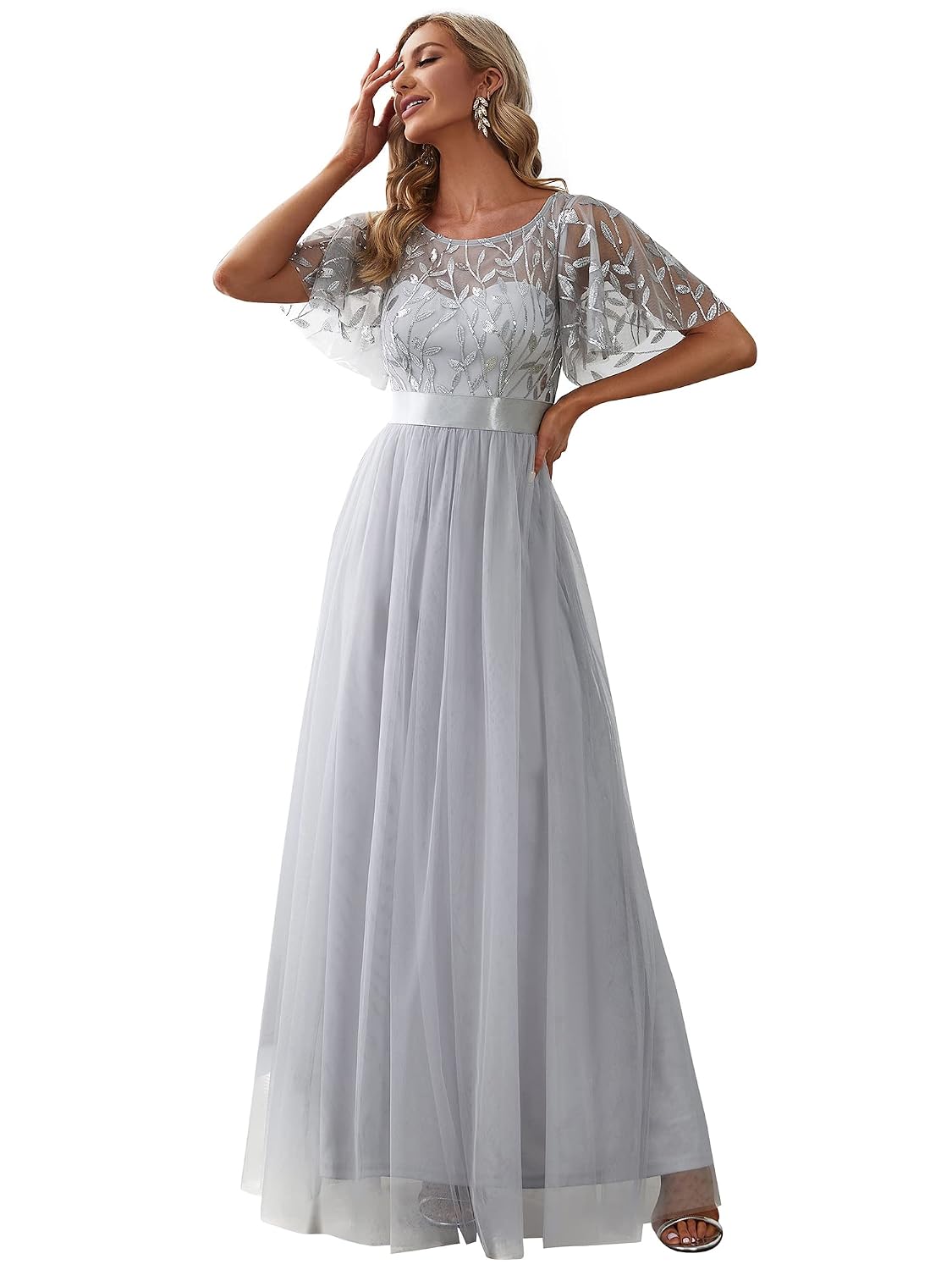 Ever-Pretty Sequin Formal Prom Dresses for Women Ruffle Sleeves Empire Waist A-Line Long Mother of Bride Dress 00904