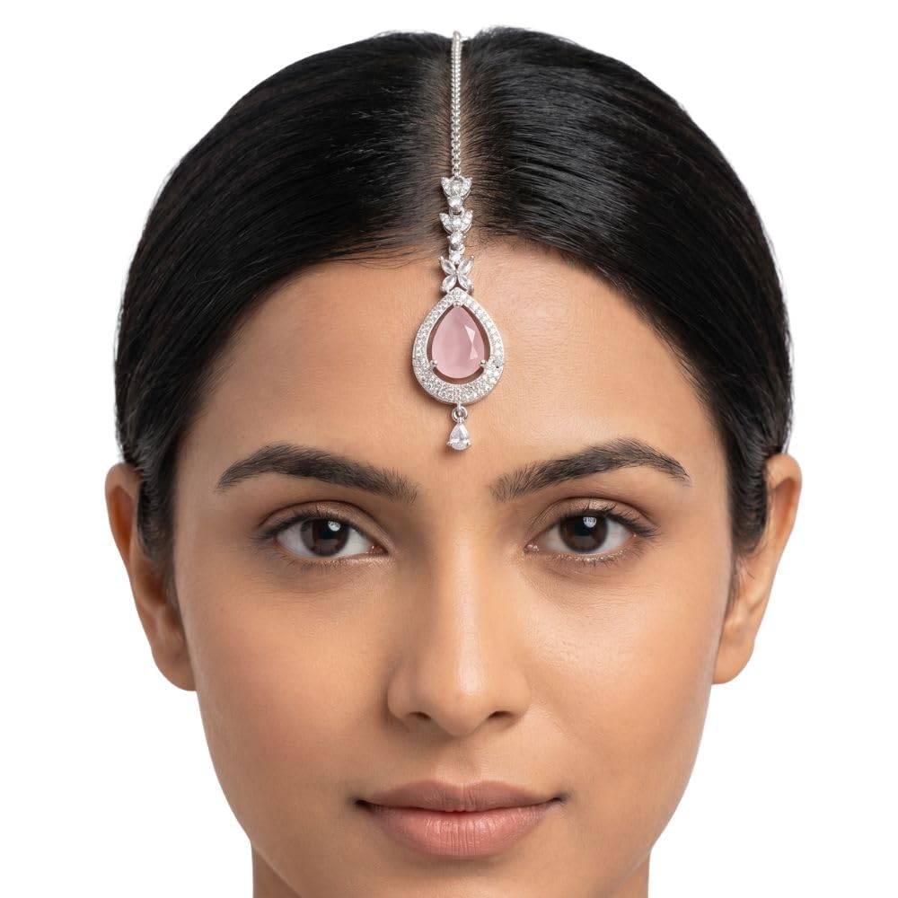 DAZZLE HOUSE Silver Plated Maang Tikka with Pink Stone, CZ Diamond Studded, Teardrop Design, Bridal Hair Jewellery-image-24