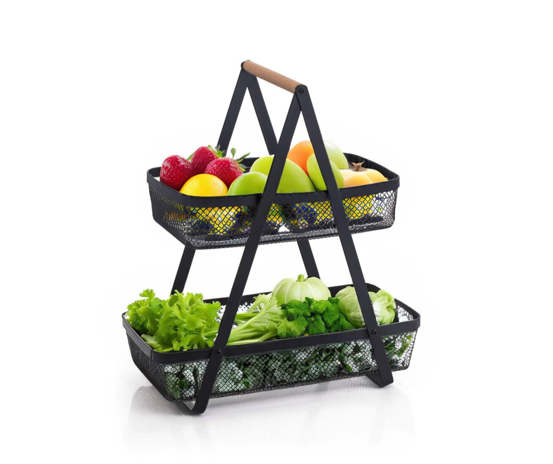 Trendi 2 Tray Fruit Stand Fruit Bowl, 2-Tier Mesh Fruit Basket with Wooden Handle, Fruit Bowl, Bread Basket, Vegetable Bread Basket, Modern for Kitchen Decoration, Vegetables, Fruits, Snacks