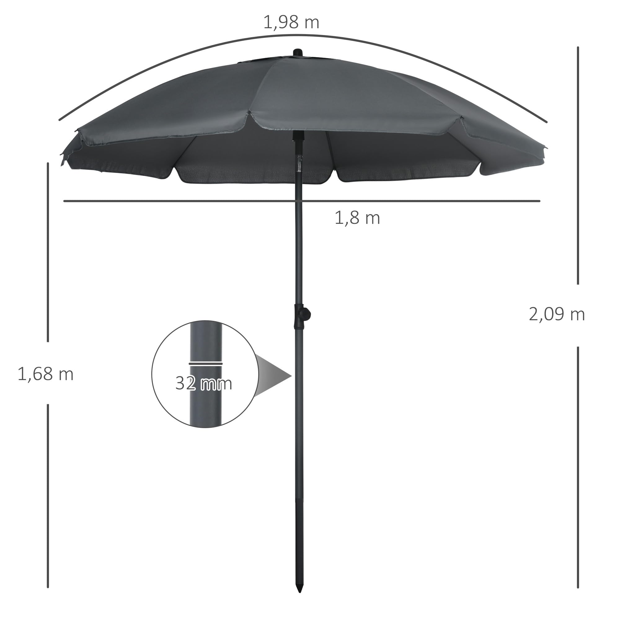 Outsunny Parasol de Plage Parasol de Jardin Extérieur Ø 180 cm Gris Foncé | Inclinable, Protection UV 50+, avec 8 Baleines, Sac de Transport Inclus