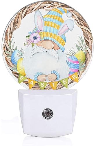 EKOBLA Lindo gnomo de conejo de Pascua LED luz nocturna de huevos de Pascua flores de primavera luces nocturnas enchufables en la pared luz nocturna