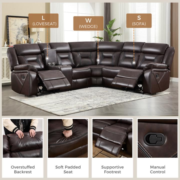 Image of EBELLO Manual Reclining Sectional Sofa for Living Room, L-Shaped Sectional Corner Reclining Sectional Couches Home Furniture Set with Center Console, Hidden Cup Holders and Storage, Dark Brown