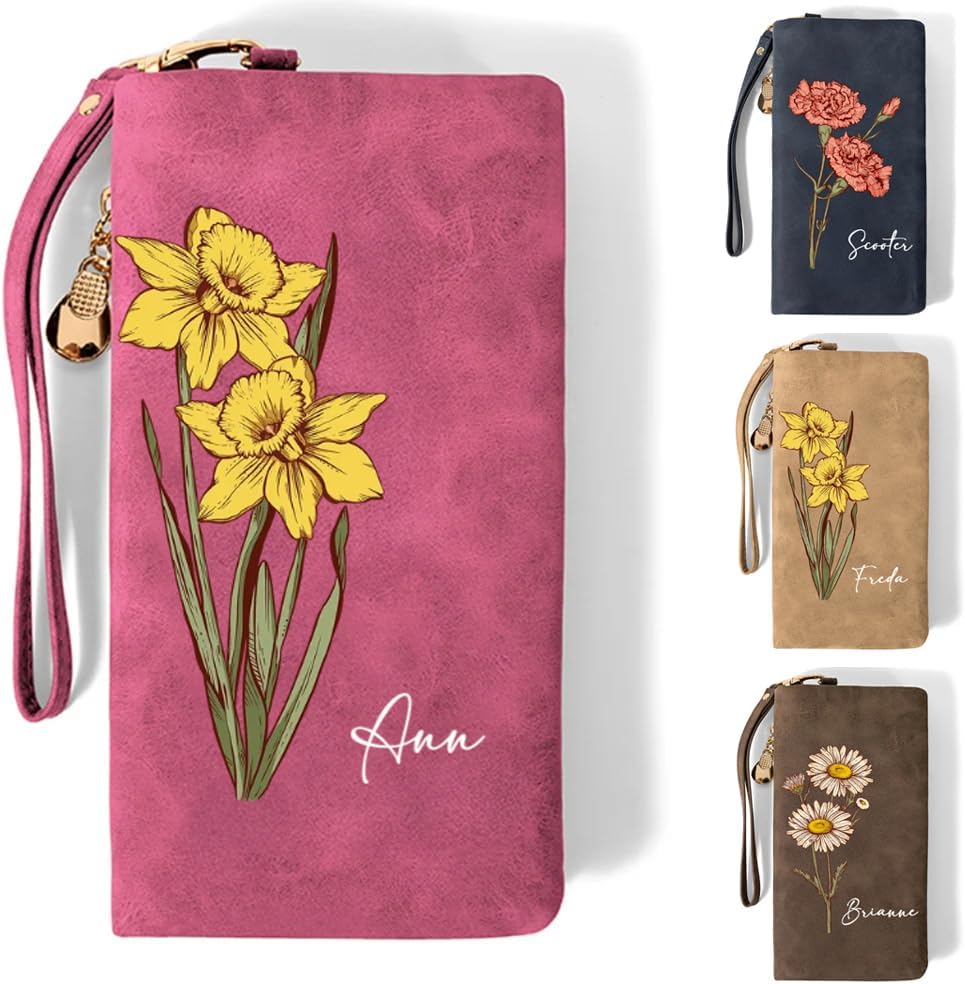 CALLIE Personalized Wristlet Wallet for Women | Custom Name PU Leather Card Holder Wristlet | Birthday Anniversary Valentines Gift for Her (Watercolor Birth Flower)