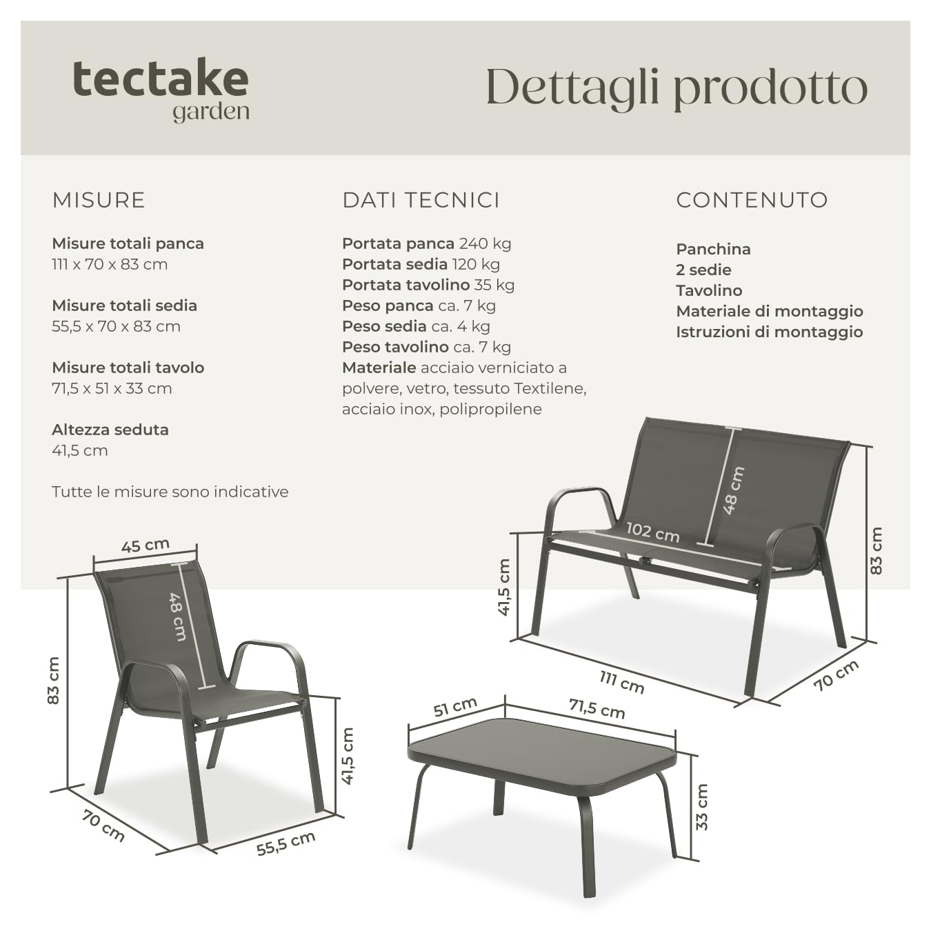 Set Salotto da Giardino 4 Pezzi Tectake: Divano 2 Posti, Poltrone, Tavolino in Vetro, Acciaio Antracite
