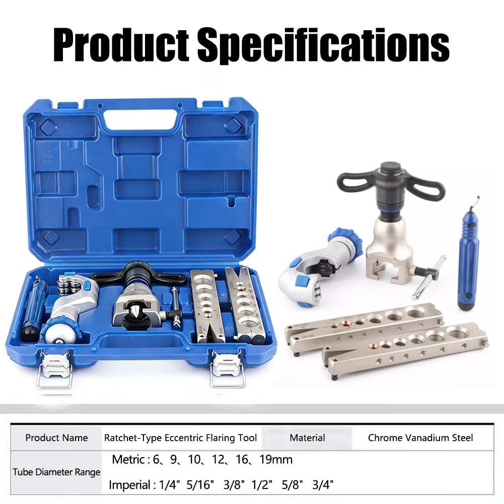 Bördelwerkzeug-Set, 45° Kupferrohr-Bördelwerkzeug, metrische/imperiale Klemmen mit Cutter/Entgratwerkzeug für 6-19 mm und 1/4-Zoll-3/4-Zoll-Rohre