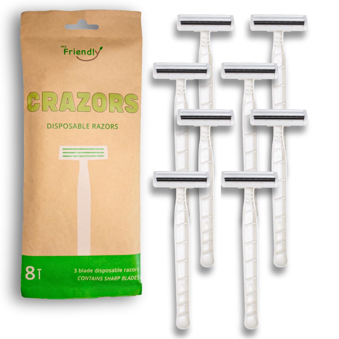 Hair Removal Crazors 3 Blades – Disposable Razors for Men/Women's Grooming – Single-Use Body & Face Shaver – Raw-Material Earth+Skin Loving Travel-Size Toiletries – 8-Pack by MyFriendly