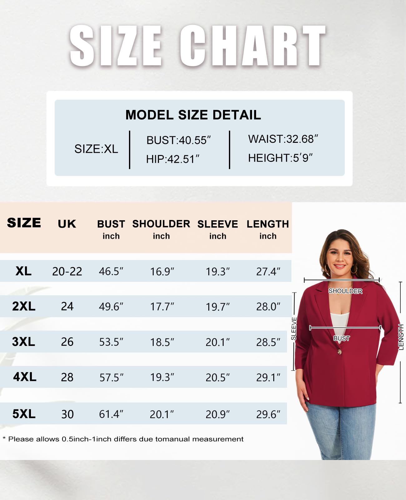 XL-5XL Blazer à manches 3/4 grande taille Blazer à revers cranté Veste semi-doublée pour femme Costumes et blazers à un bouton avec poches intégrées Veste de jour comme de nuit